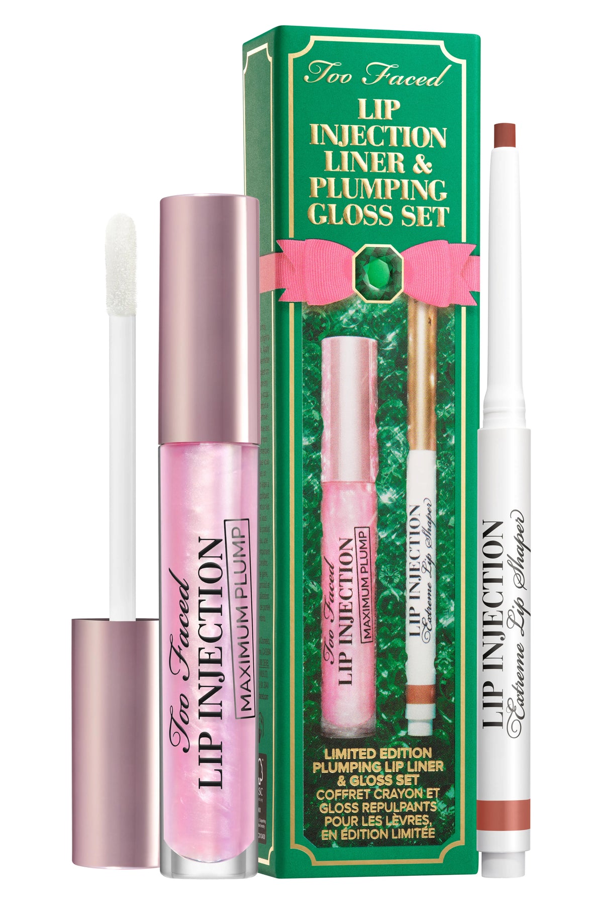 Too Faced Lip Injection liner and plumping gloss set, new in box, featuring cosmetic lip products with sleek packaging.