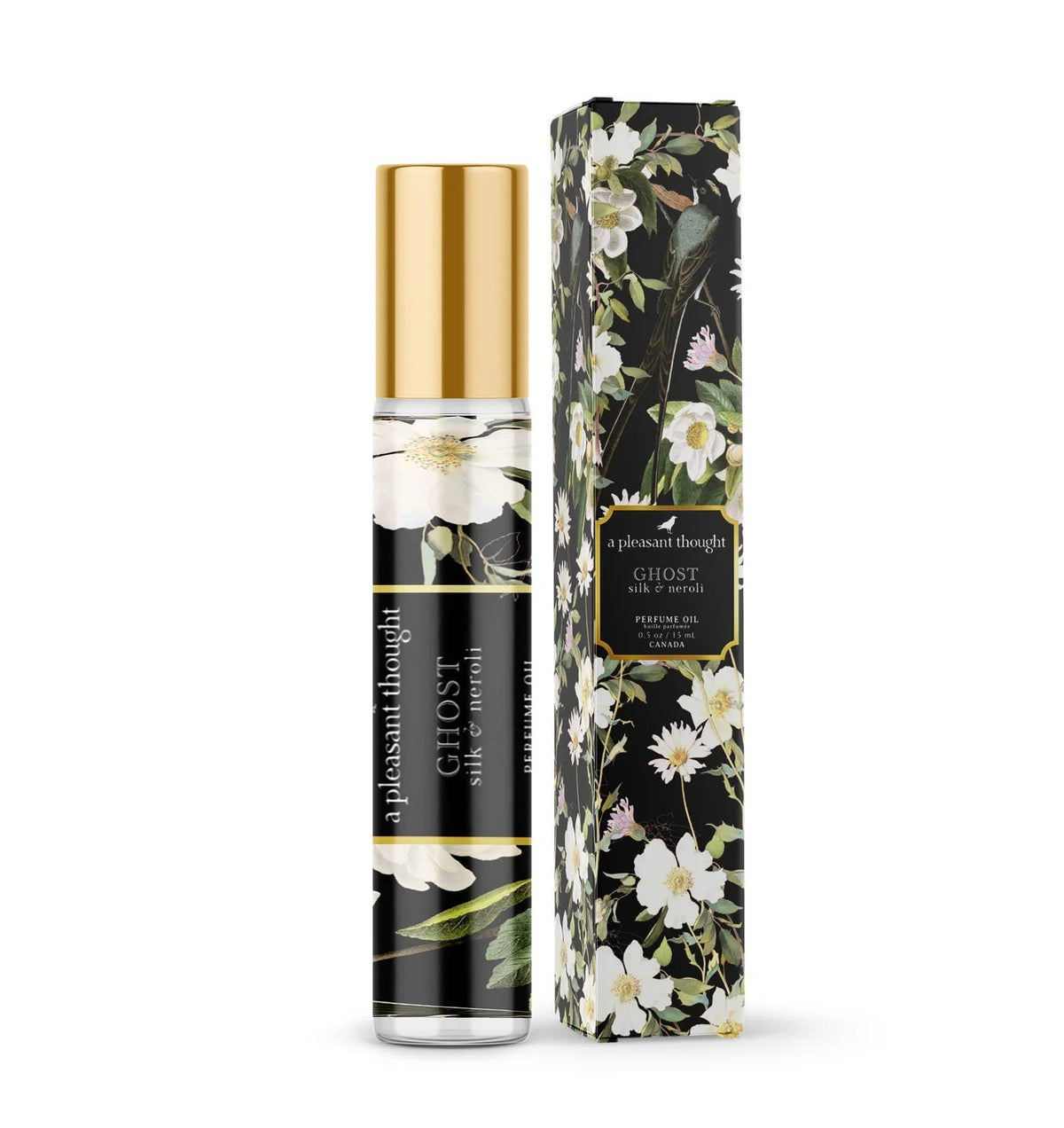 A 15ml bottle of A Pleasant Thought Ghost Silk & Neroli perfume oil with elegant packaging and a minimalist design.