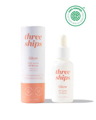Three Ships Glow 49% Jojoba Oil Serum 30ml bottle, clear glass container with dropper for natural skincare and facial hydration