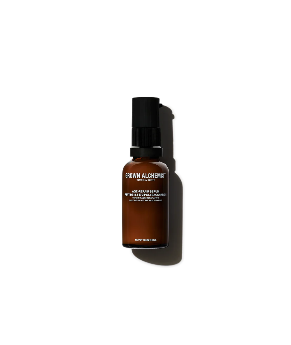 Grown Alchemist Age-Repair Serum 30ml bottle showing peptide and polysaccharide ingredients for youthful skin.