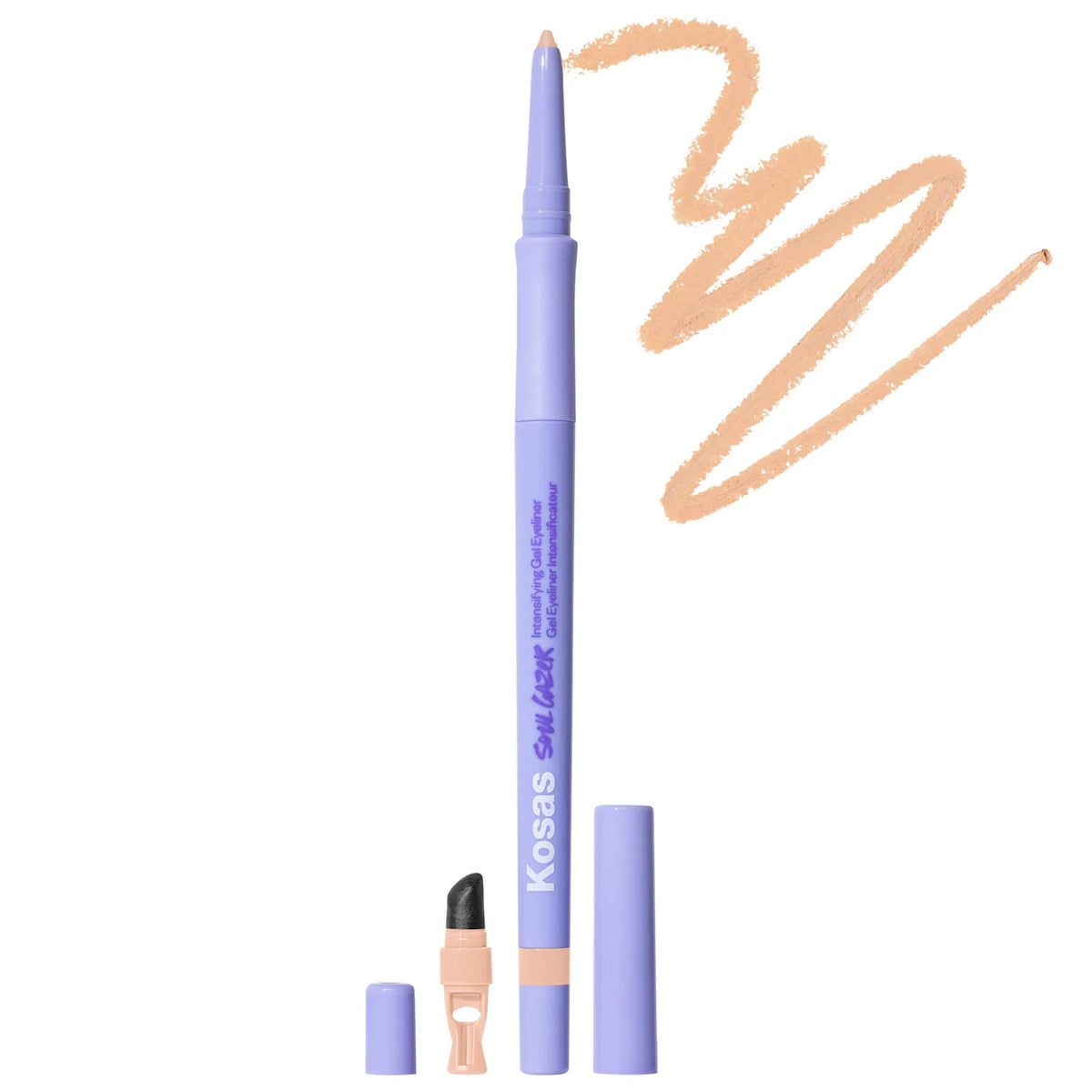 Kosas Soulgazer waterproof gel eyeliner in various shades, showing the gel texture and vibrant color swatches.