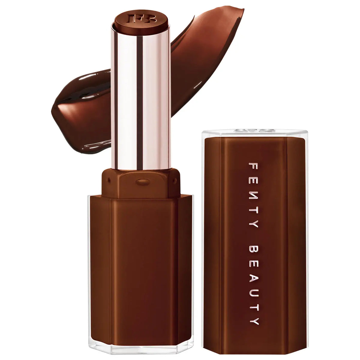 Fenty Beauty Gloss Bomb Stix high-shine gloss stick in various shades, featuring a sleek, portable design on a white background.