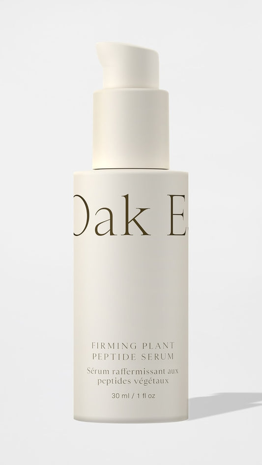 Oak Essentials Firming Plant Peptide Serum 30ml bottle, clear glass container with pump, on a white background.