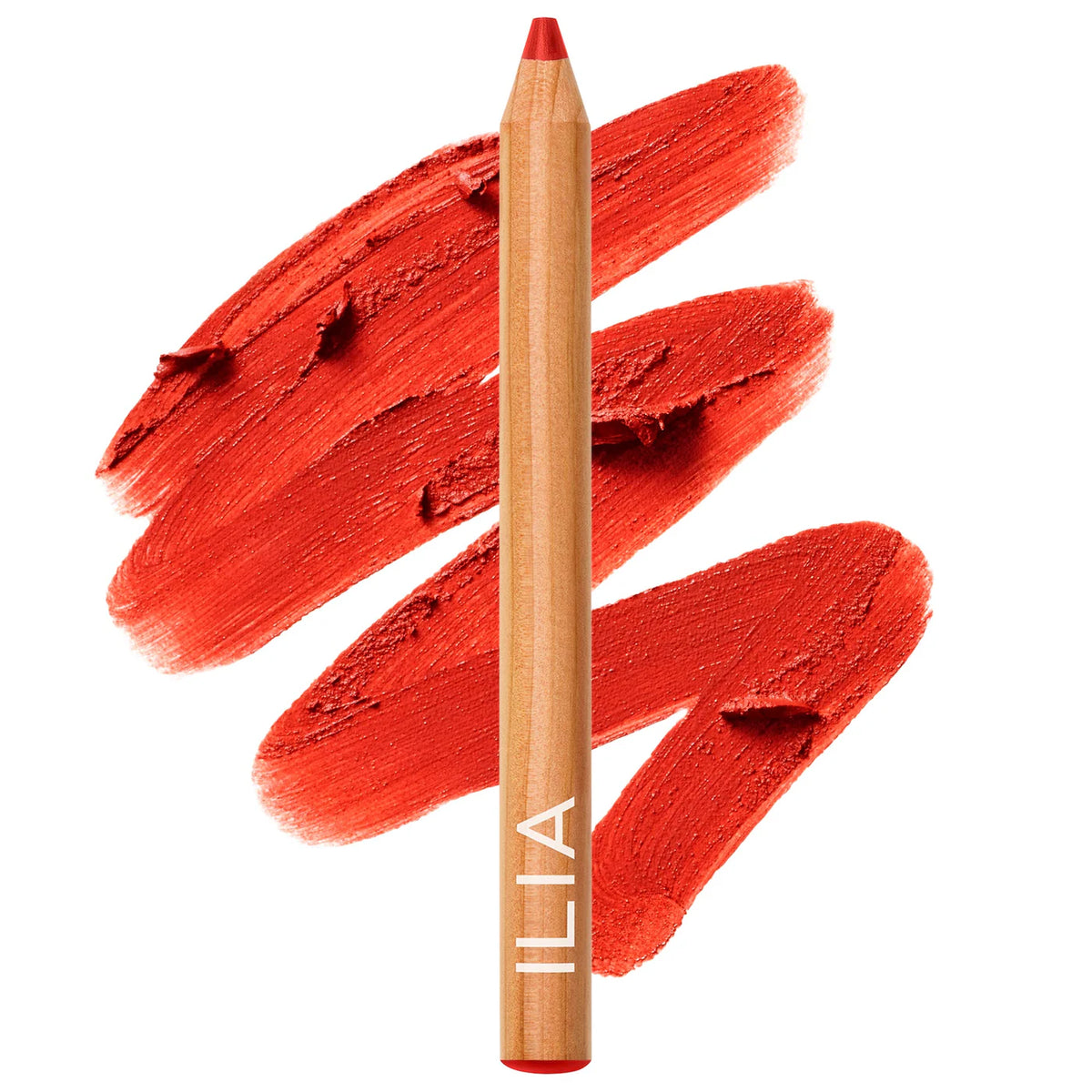 Ilia Lip Sketch Hydrating Lipstick and Lip Liner Crayon in various shades, featuring a close-up of the product with creamy texture.