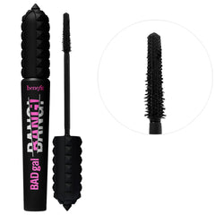 Benefit Cosmetics BADgal BANG! Volumizing Mascara in various shades, with a close-up of the brush and full mascara tube.