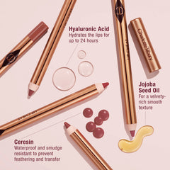 Charlotte Tilbury Lip Cheat in Iconic Nude, close-up of the nude lip liner pencil with its sleek packaging and product branding.