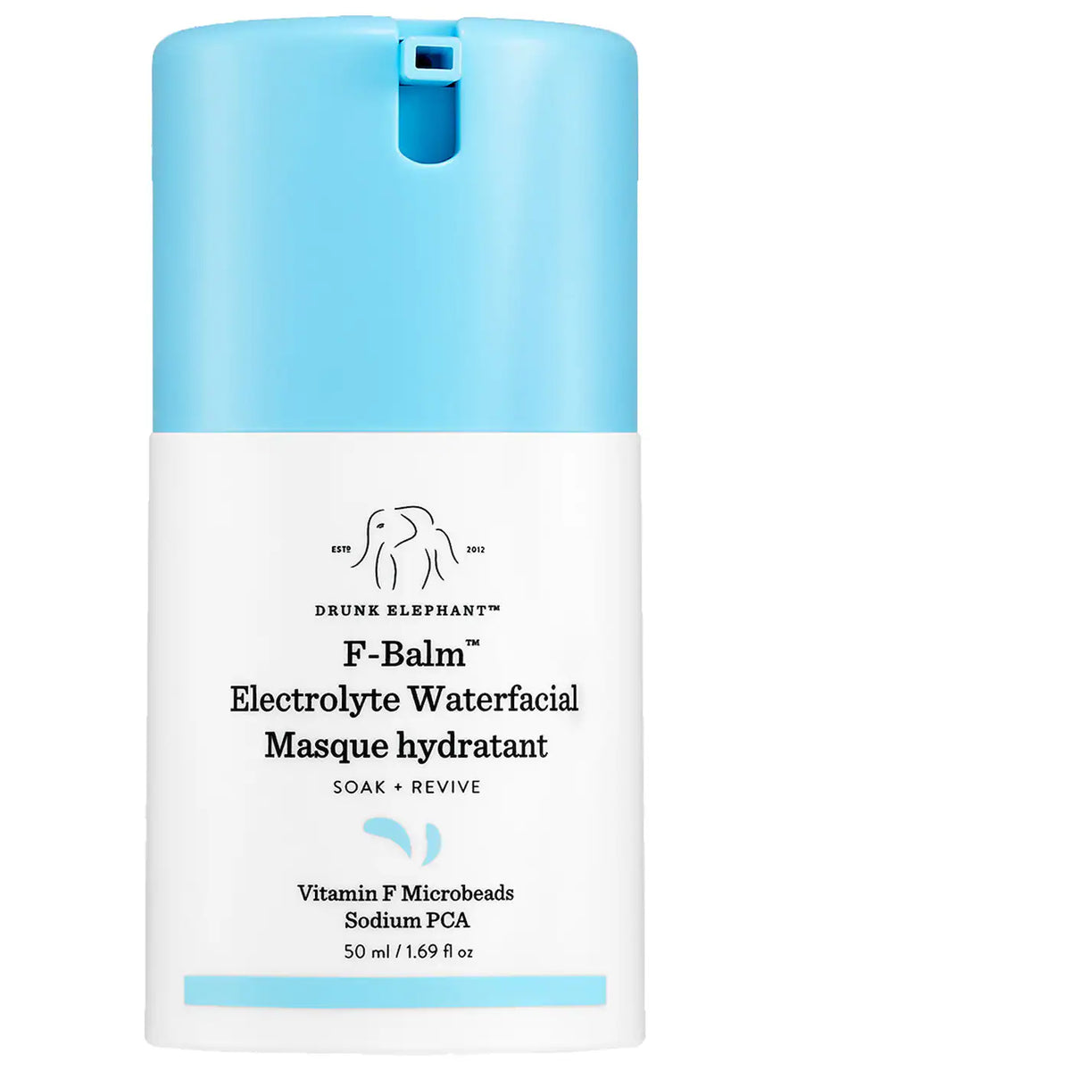 Drunk Elephant F-Balm™ Electrolyte Waterfacial Mask in 50ml jar, showcasing the hydrating, beauty skincare product.