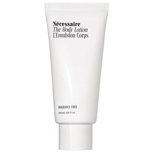 Nécessaire The Body Lotion firming moisturizer in a 200ml bottle, with a sleek, minimalist design and label visible.