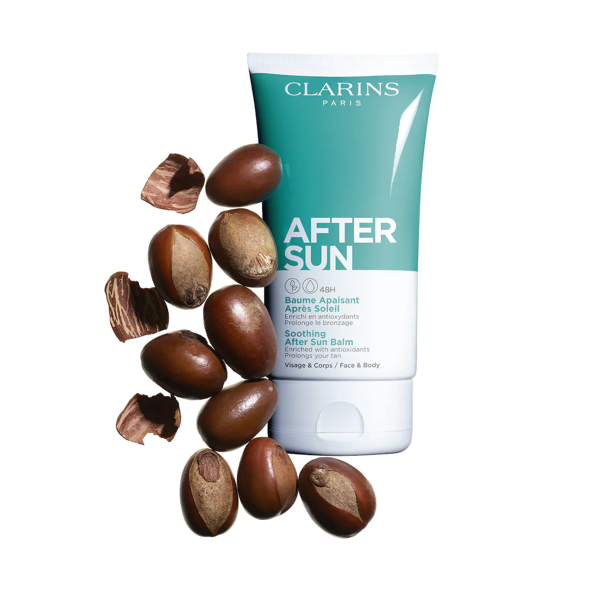 Clarins Sun Balm Face & Body 150ml with SPF, natural beige, smooth texture, and sun protection for face and body.