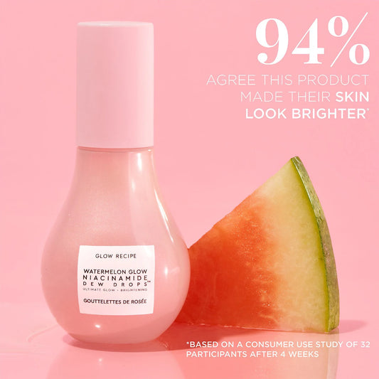 Glow Recipe Watermelon Glow Niacinamide Dew Drops serum bottle with pink and green packaging on a white background.