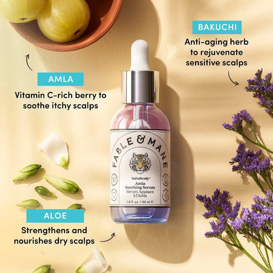Fable & Mane Amla Soothing Hair Serum in 55ml bottle, smooth and nourish hair with natural amla extract and lightweight formula.