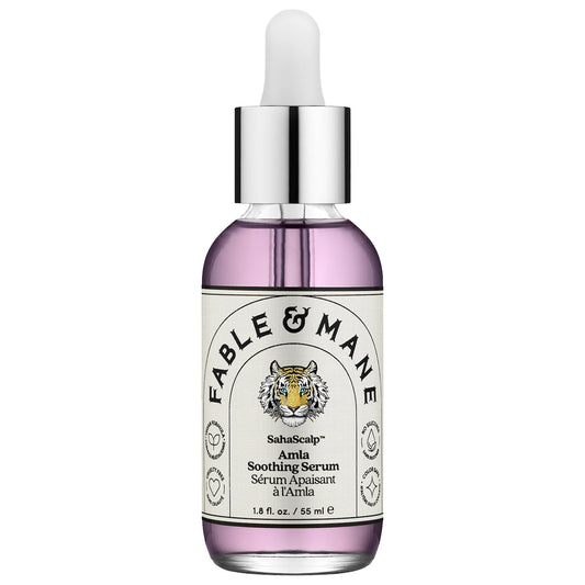 Fable & Mane Amla Soothing Hair Serum 55ml in a clear bottle with a dropper, designed for nourishing and soothing hair.