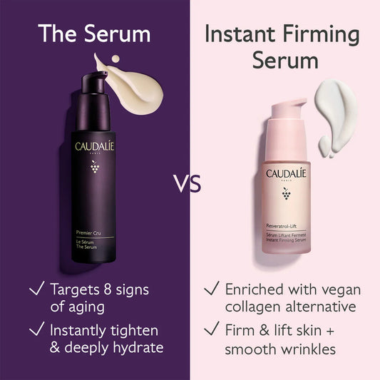 Caudalie Premier Cru Anti-Aging Serum 30ml in a glass bottle with a pump, showcasing its elegant design and packaging.
