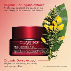 Clarins Super Restorative Anti-Aging Night Moisturizer 50ml jar, new in box, with a smooth creamy texture and elegant packaging.