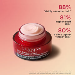 Clarins Super Restorative Anti-Aging Night Moisturizer 50ml jar, smooth cream texture, close-up of the skincare product.
