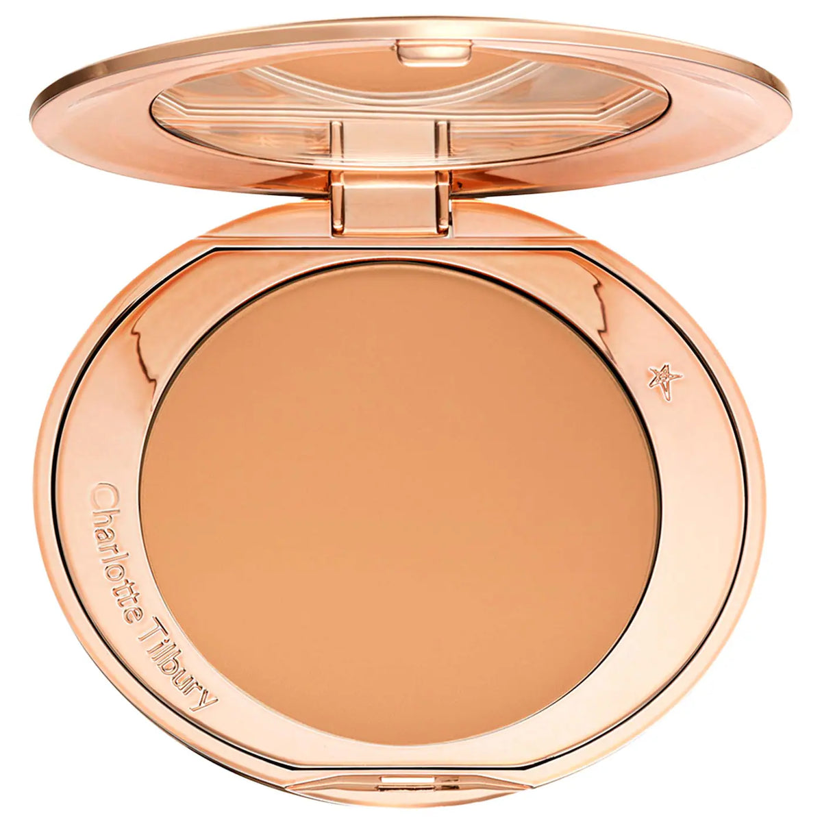 Charlotte Tilbury Airbrush Flawless Finish Setting Powder in 3 Tan, new in box, showing the compact with powder inside.