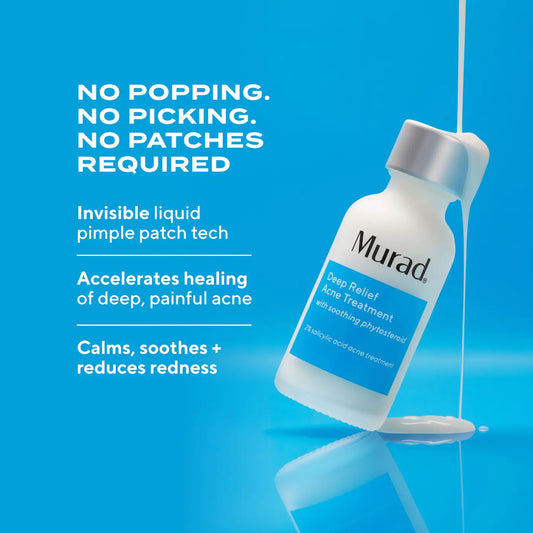 Murad Deep Relief Acne Treatment with Salicylic Acid in 30ml bottle, showing the product bottle with label and applicator.