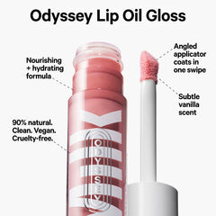 Milk Makeup Odyssey Hydrating Lip Oil Gloss in various shades, featuring a non-sticky, glossy finish on smooth lips.