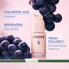 Caudalie Resveratrol-Lift firming serum in a 30ml refillable bottle, featuring a sleek design and dropper applicator.