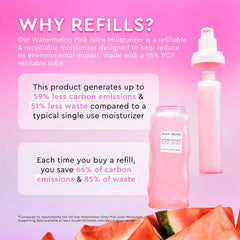 Glow Recipe Watermelon Pink Juice oil-free refillable moisturizer in a sleek pink container, suitable for hydration and skincare.