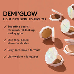 Fenty Beauty Demi'Glow Light-Diffusing Highlighter in various shades, showcasing the shimmering compact with a smooth, luminous finish.