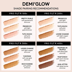 Fenty Beauty Demi'Glow Light-Diffusing Highlighter in various shades, featuring a sleek compact with shimmering powder.