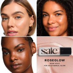 Saie Glowy Super Gel in various shades, featuring a radiant, dewy finish and lightweight formula for a natural glow on the skin.