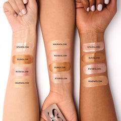 Saie Glowy Super Gel in various shades, featuring a luminous, lightweight formula for radiant skin enhancement.