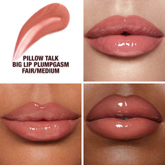 Charlotte Tilbury Big Lip Plumpgasm plumping lip gloss in a sleek tube, showcasing a glossy, nude-colored lip product.