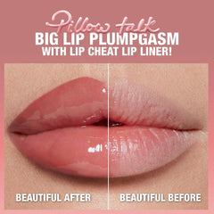 Charlotte Tilbury Big Lip Plumpgasm plumping lip gloss in nude, featuring a glossy finish and applicator wand on a white background.