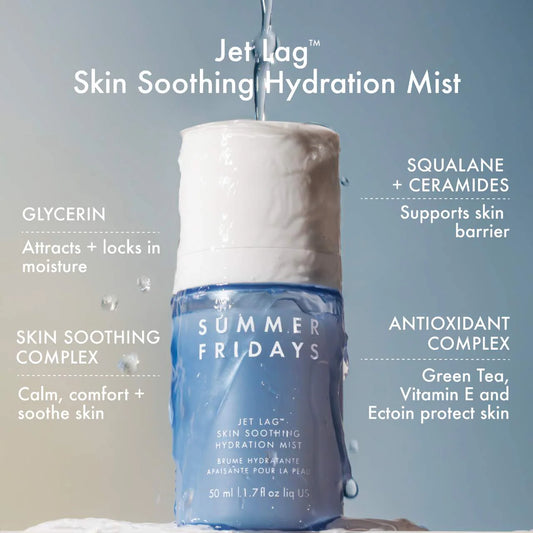 Summer Fridays Jet Lag Skin Soothing Hydration Mist spray bottle with clear label and mist nozzle for refreshing skin