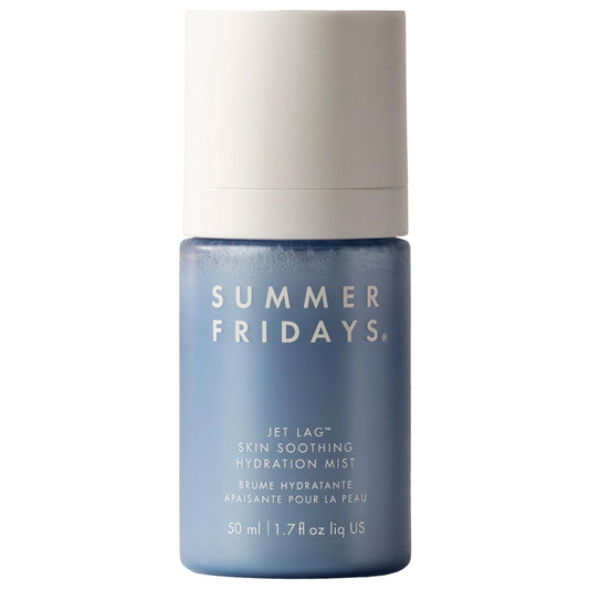 Summer Fridays Jet Lag Skin Soothing Hydration Mist in a clear spray bottle with a minimalist label, perfect for refreshing skin.