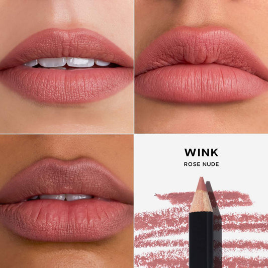Saie Lip Liner 101 creamy and nourishing lip pencil in various shades, displayed with the product case and swatches.