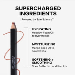 Saie Lip Liner 101 in various shades, featuring a creamy, nourishing formula, displayed with the pencil sharpened and ready to use.
