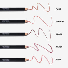 Saie Lip Liner 101 in various shades, creamy and nourishing lip pencil for precise application, displayed in a beauty product image.
