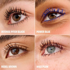 Benefit BADgal BANG! volumizing mascara in various shades, featuring a close-up of the mascara wand and brush.