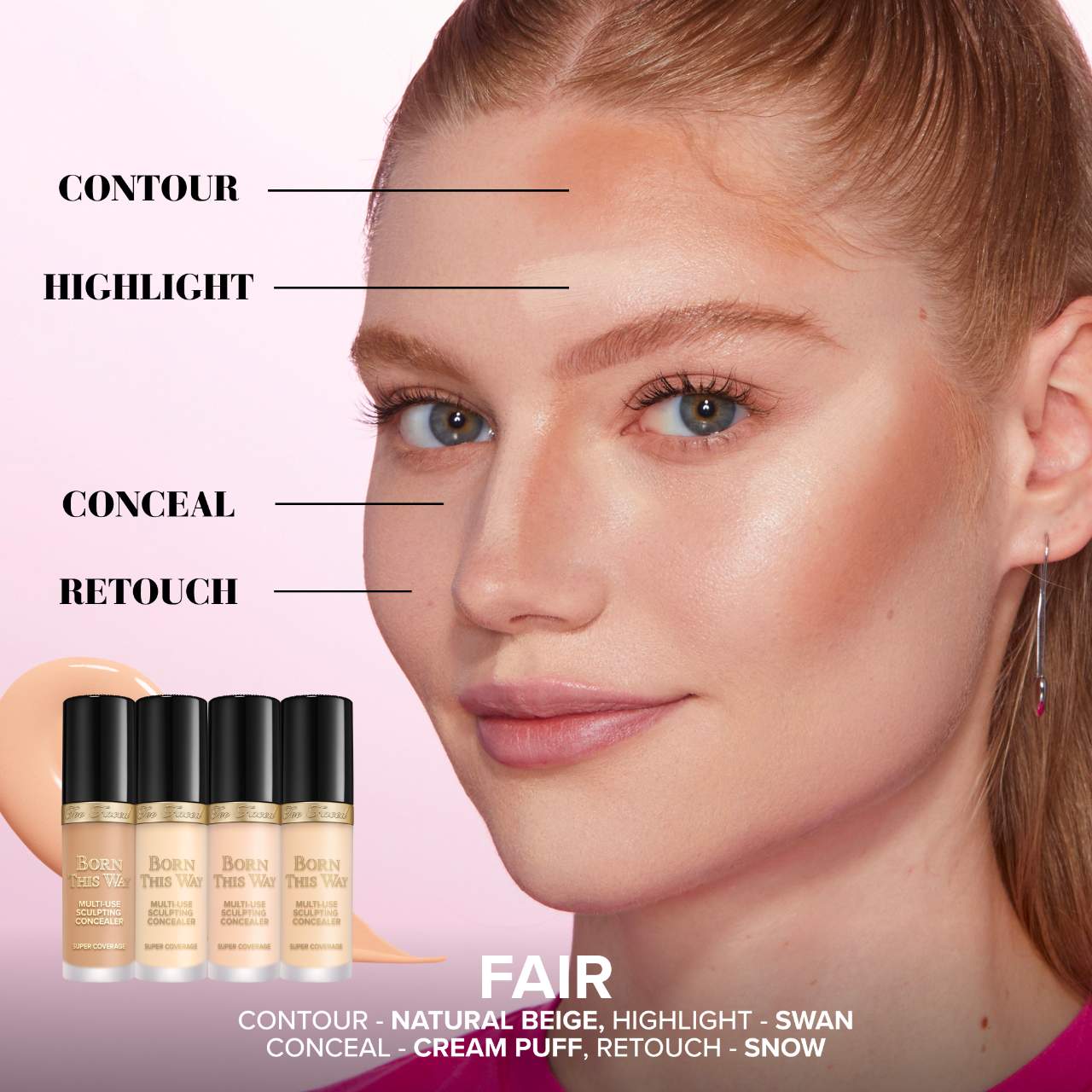 Too Faced Born This Way Super Coverage Concealer in various shades, new in box, with applicator and packaging visible.