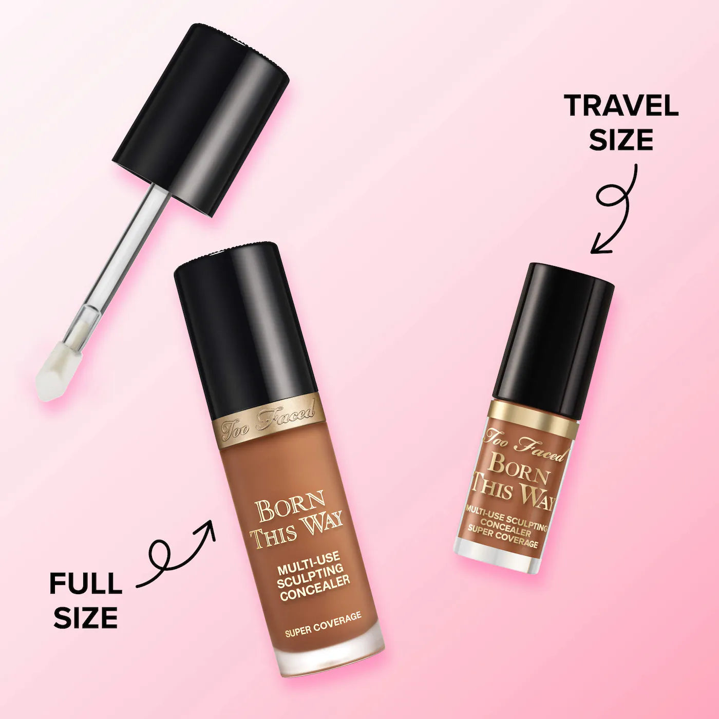Too Faced Born This Way Super Coverage Concealer in multiple shades, new in box, with sleek packaging and applicator visible.