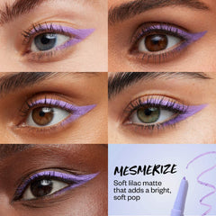 Kosas Soulgazer waterproof gel eyeliner in various shades, displayed in a sleek, open container with the gel visible inside.