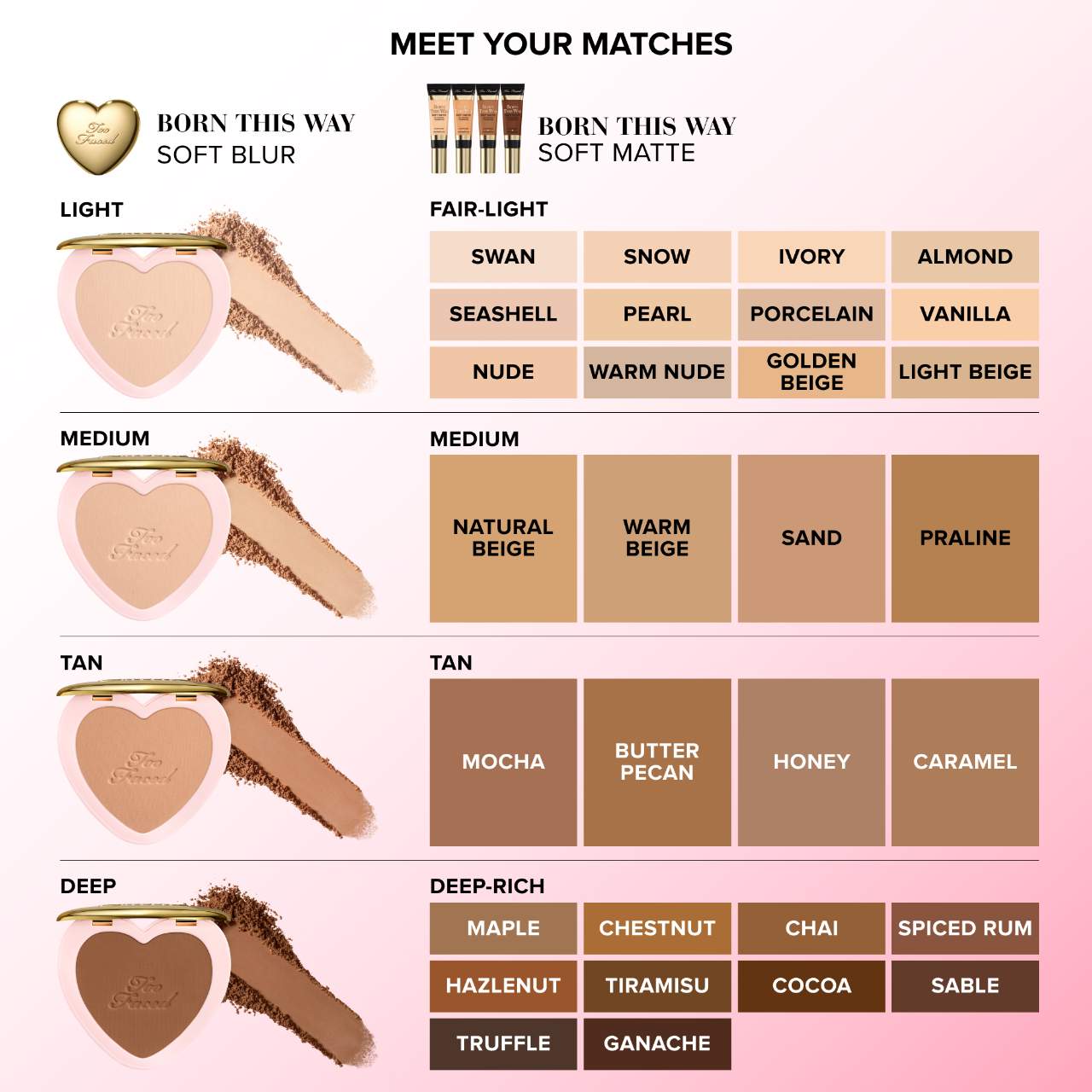 Two shades of Too Faced Born This Way Soft Matte Foundation, unopened, showcasing the product's packaging and shades.