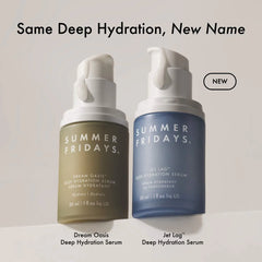 Summer Fridays Jet Lag Deep Hydration Serum 30ml in a clear glass bottle with a white pump dispenser, displayed on a white background.