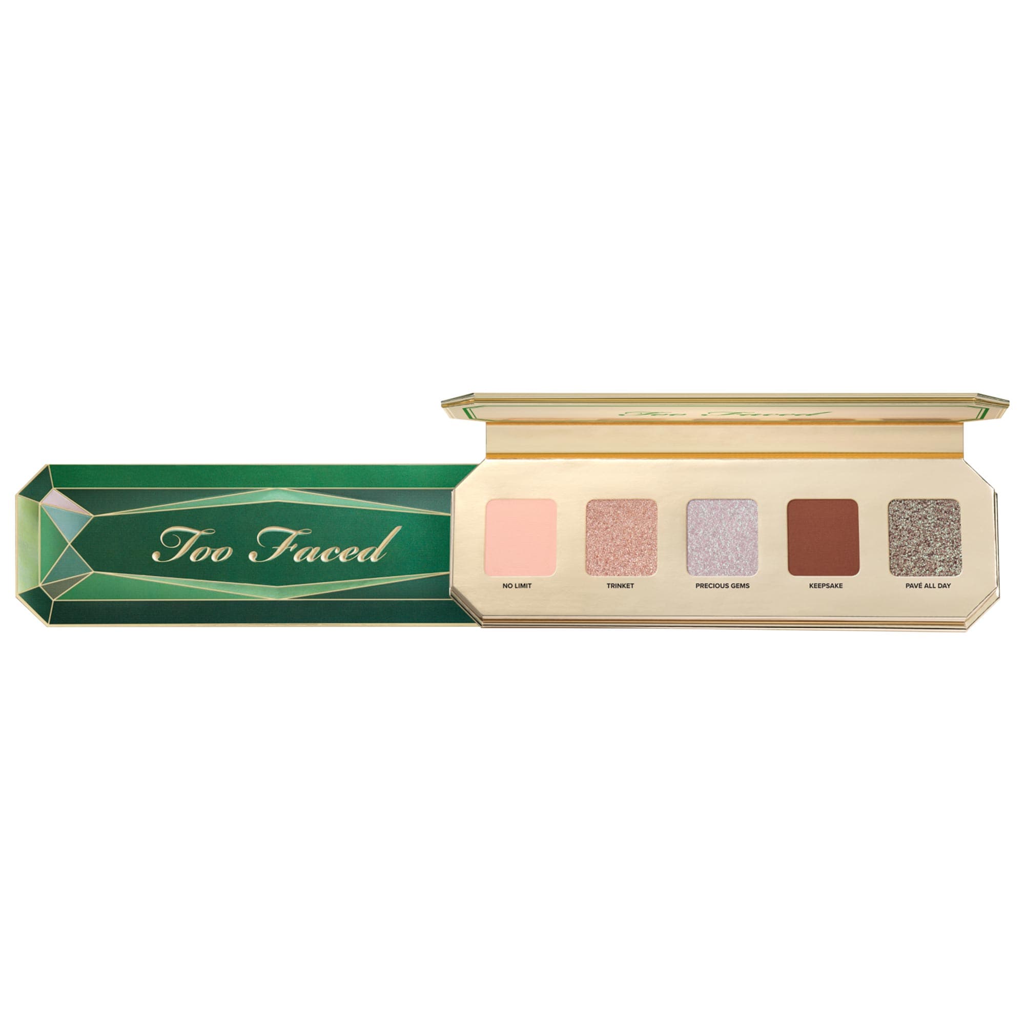 Too Faced Precious Gems Eyeshadow Palette with shimmering jewel-toned shades and a sleek compact design.