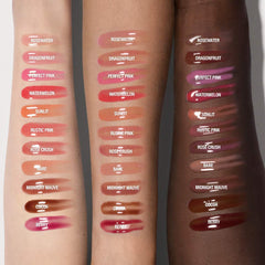 Makeup By Mario Hydrating SuperShine Lip Gloss in various shades, featuring glossy, moisturizing lips with a smooth finish.