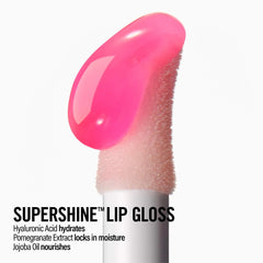 Makeup By Mario Hydrating SuperShine Lip Gloss in various shades, featuring a glossy, moisturizing finish in a beauty product image.