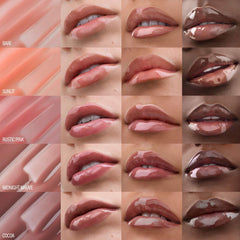 Makeup By Mario Hydrating SuperShine Lip Gloss in various shades, featuring glossy, smooth lips with a shiny finish.