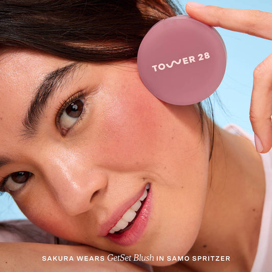 Tower 28 Beauty GetSet Blur + Set Matte Powder Blush in various shades, new in box, with close-up of the product packaging.