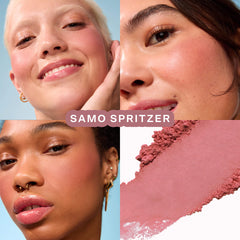 Close-up of Tower 28 Beauty GetSet Blur + Set Matte Powder Blush in various shades, showing the product's packaging and color options.