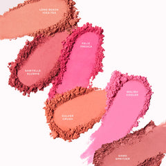 Tower 28 Beauty GetSet Blur + Set Matte Powder Blush in various shades, shown in sleek compact with blush powder visible.