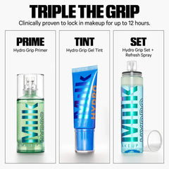 Milk Makeup Hydro Grip 12-Hour Hydrating Gel Skin Tint in multiple shades, featuring a close-up of the gel texture and variety of color options.