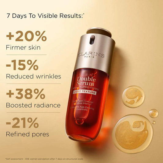 Clarins Double Serum Light Texture 50ml bottle with pump, showcasing the skincare product in a sleek, clear container.